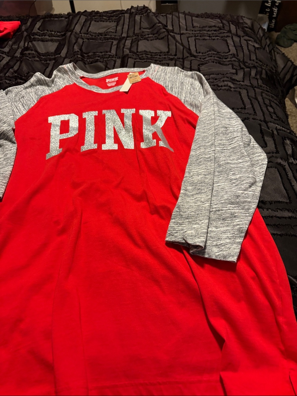 PINK Victoria's Secret XL women’s ' Red and Gray Raglan bling Top